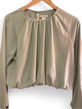 H&M Sage Green Pleated Blouson Top with Gathered Neckline